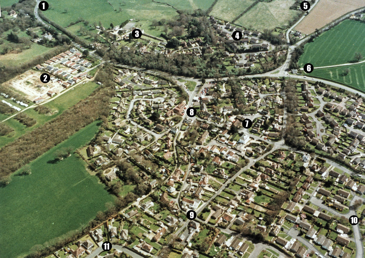 1. Efford Experimental Horticultural Station  2. Knightcrest Park  3. Everton Grange  4. Grange Close  5. Braxton Courtyard, Lymore Lane  6. Entrance to Water Gardens  7. St. Mary's Church  8. The Crown Inn & Everton & Lymore Social Club  9. Everton Post Office & Stores  10. Harts Way  11. Buckstone Close (photo courtesy Gill Rowlands)